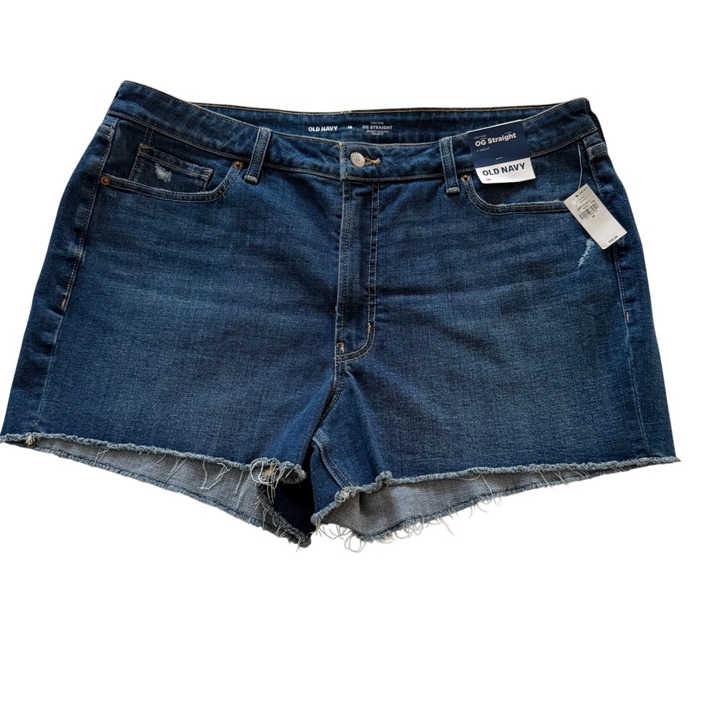 Old Navy High Rise OG Straight Denim Shorts Distressed Frayed Hem Blue Sz 18 NWT